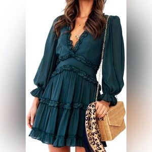Happy Sailed Teal/Green Long Sleeve Ruffle Layer Backless Swing Dress Size L